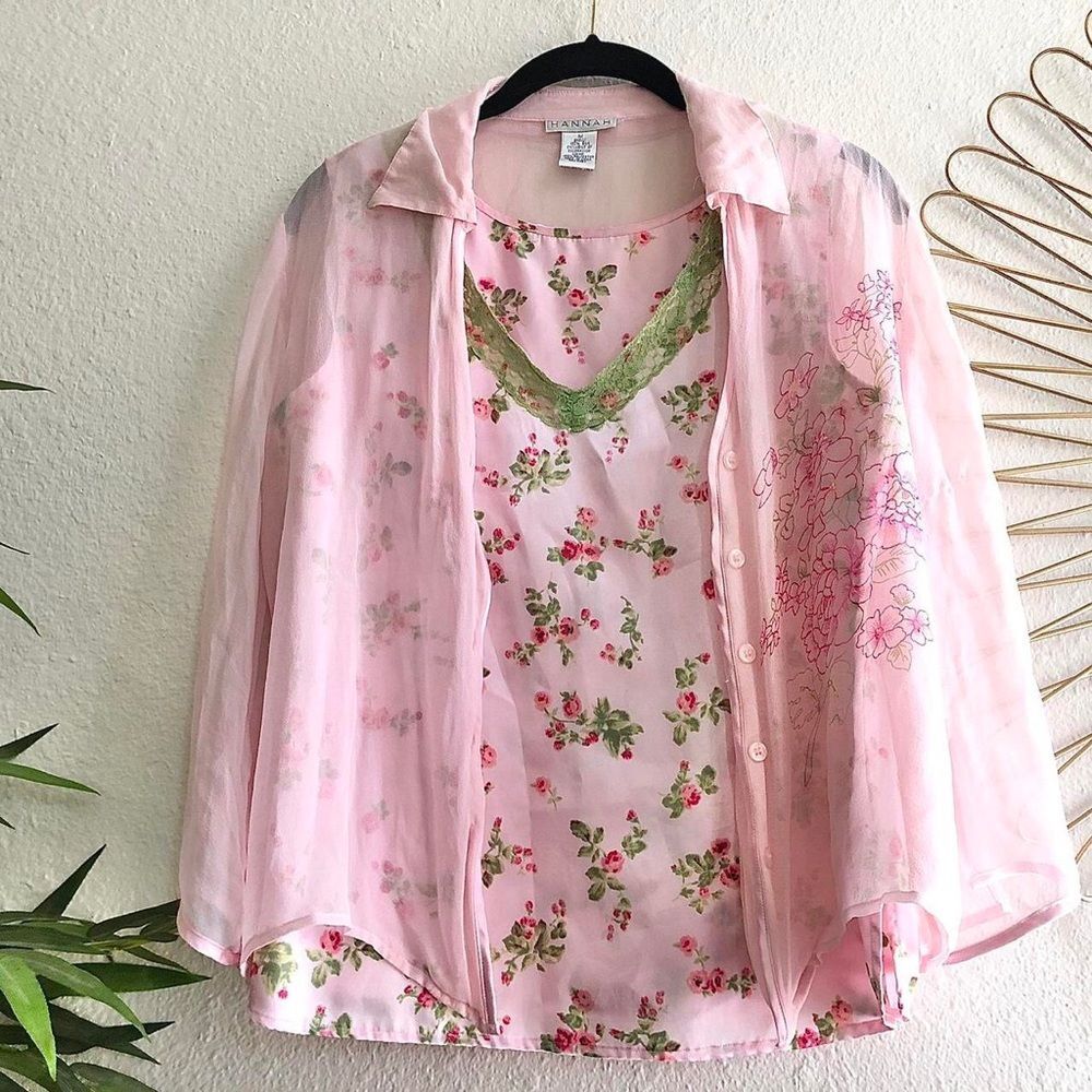 90s Vintage Fairy Sheer pink floral blouse lace embroidered top blouse 100% SILK